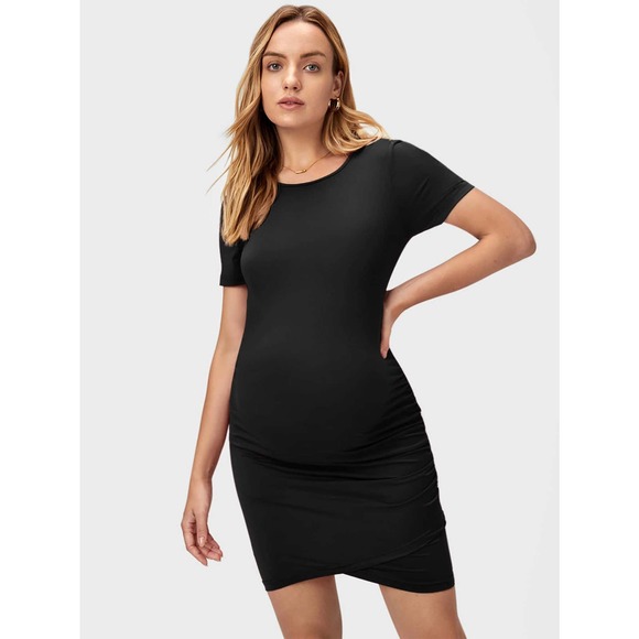 Maternity Solid Ruched Tulip Hem Bodycon mini Dress black - Picture 1 of 5